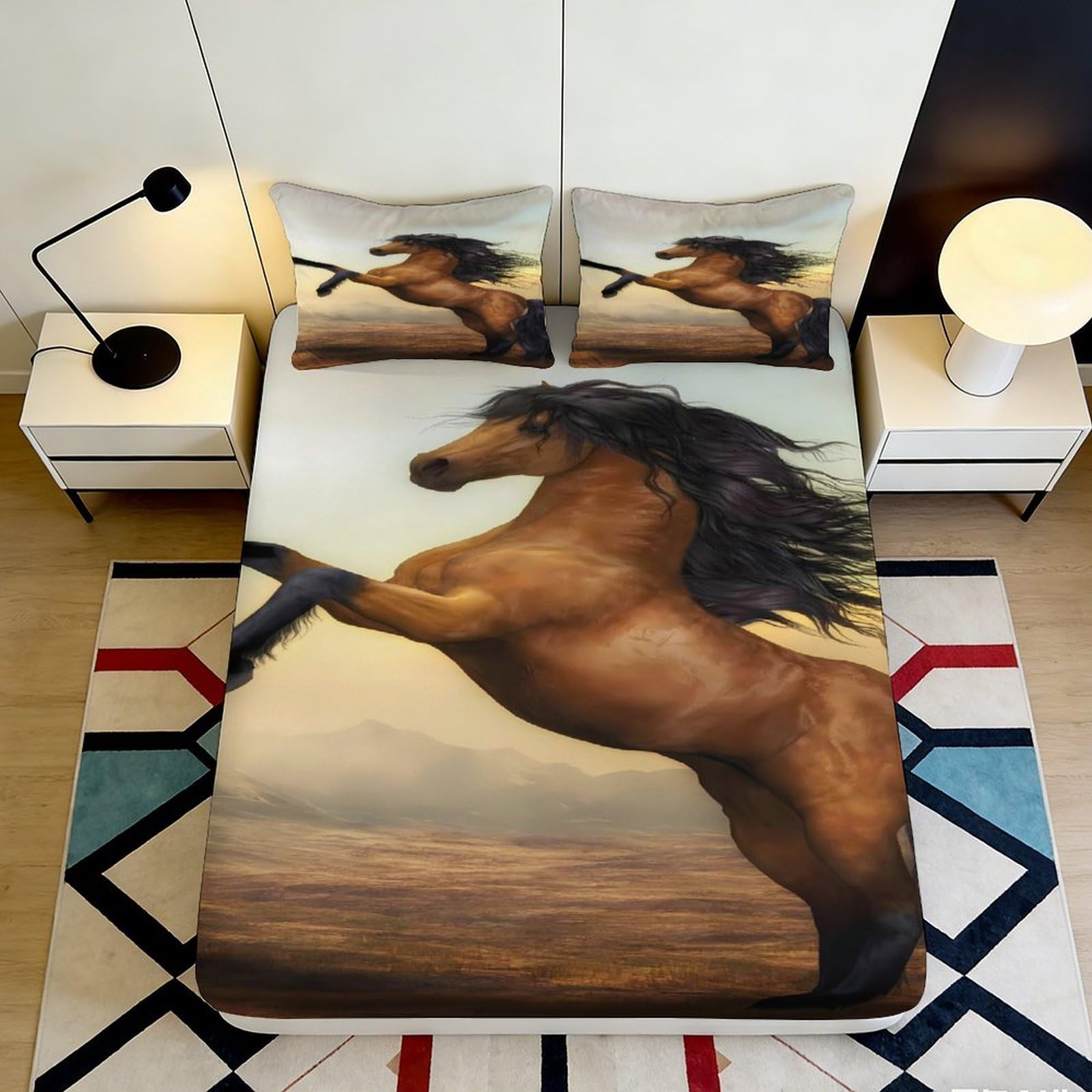 3D Printed Wild Horse Fitted Sheet Microfiber Brown Stallion Bed Cover Anti-Slip Washable for Bedroom Dorm Mattress Protection Decor 160x200x25cm