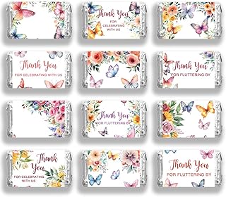 arricraft 120 Pcs Thanks Mini Candy Bar Wrappers, Butterfly and Flower Design Thank You Chocolates Bar Label Stickers for Guests Wedding Baby Shower Birthday Party Favors