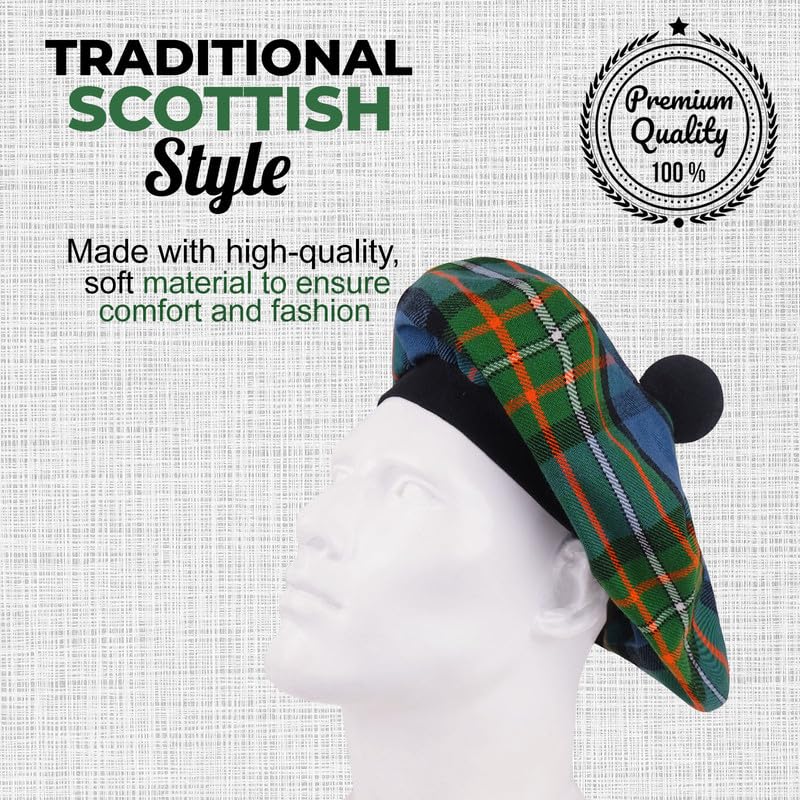 Image of Scottish Tam O' Shanter Hat Tartan Bonnet Pom Pom Wool Flat Cap One Size