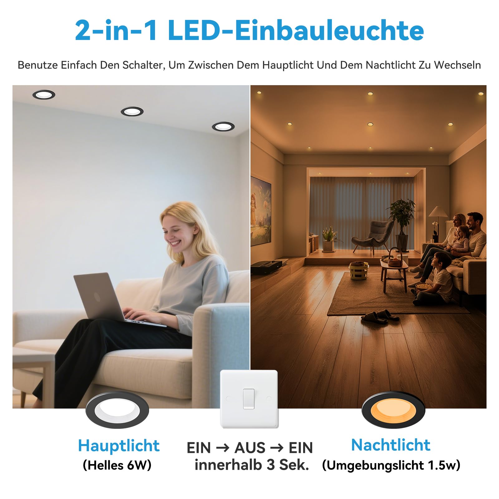 KEELED Schwarz Einbaustrahler LED 6W, mit Nachtlicht 1.5W, LED Spots 230v, 3000K/4000K/6000K Wählbar, Schnittloch 70-85mm, IP44, Gehäuse aus Aluminiumdruckguss, 12er Set