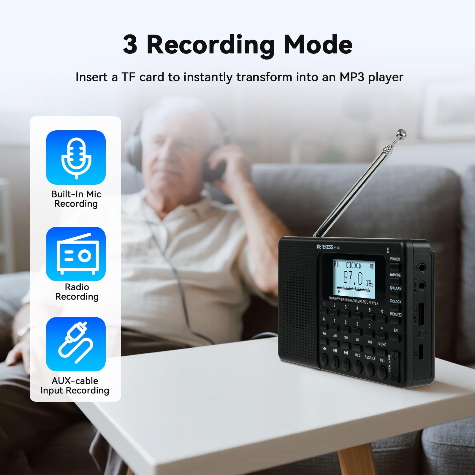 Retekess V115P Tragbares Digitales Radio,Radio Batteriebetrieben,AM FM SW LW WB,1800mAh Wiederaufladbare,TF/AUX,Aufnahme, Taschenlampe, Sleep-Timer, Wecker, für Notfälle, Camping