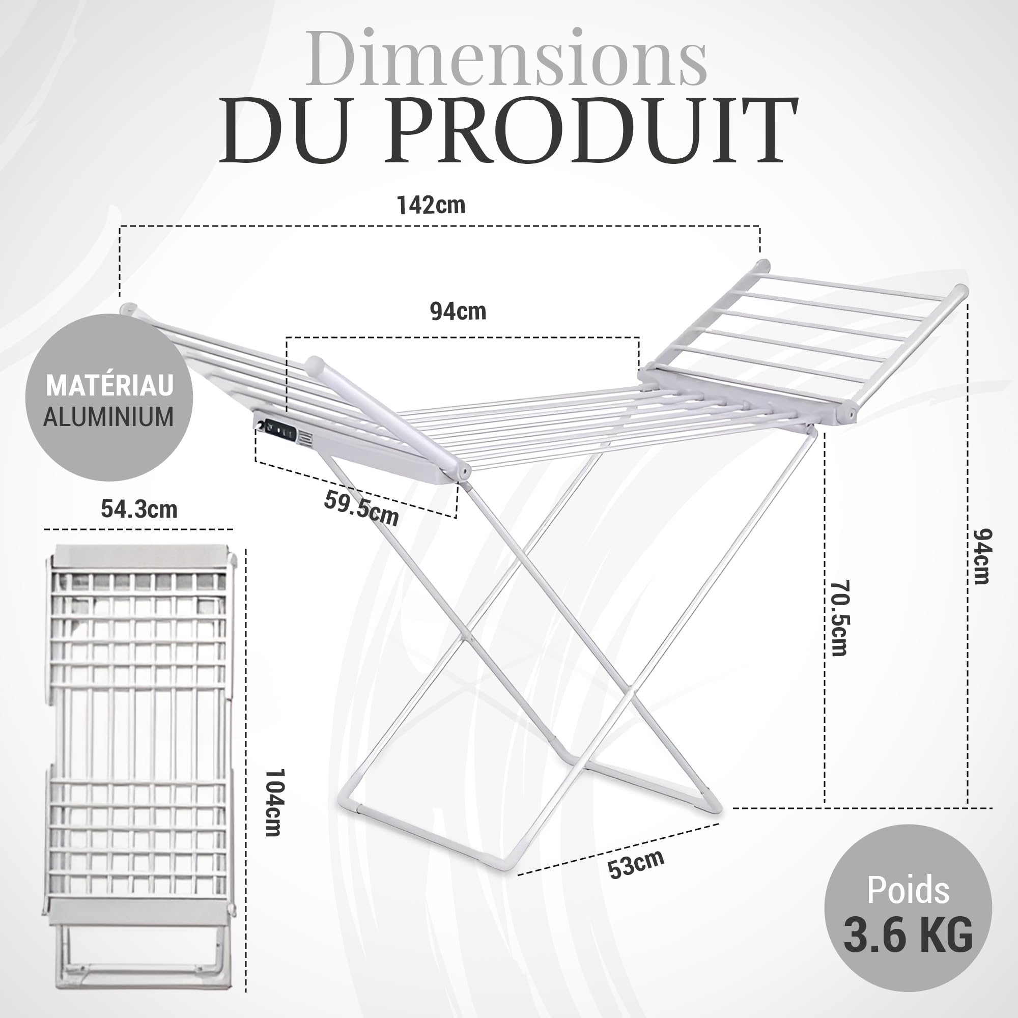 Étendoir à Linge Chauffant, Sèche Serviette Électrique Pliable, Sechoir a Linge Electrique Basse Consommation | 18 Barres Aluminium | Écran LED & Minuterie | Housse Thermique & Panier Inclus