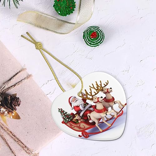 Miniatura 8 de Trineo de reno de Papá Noel, árbol de Navidad colgante de cerámica de doble cara, adornos de Navidad impresos en forma de corazón, colgantes de