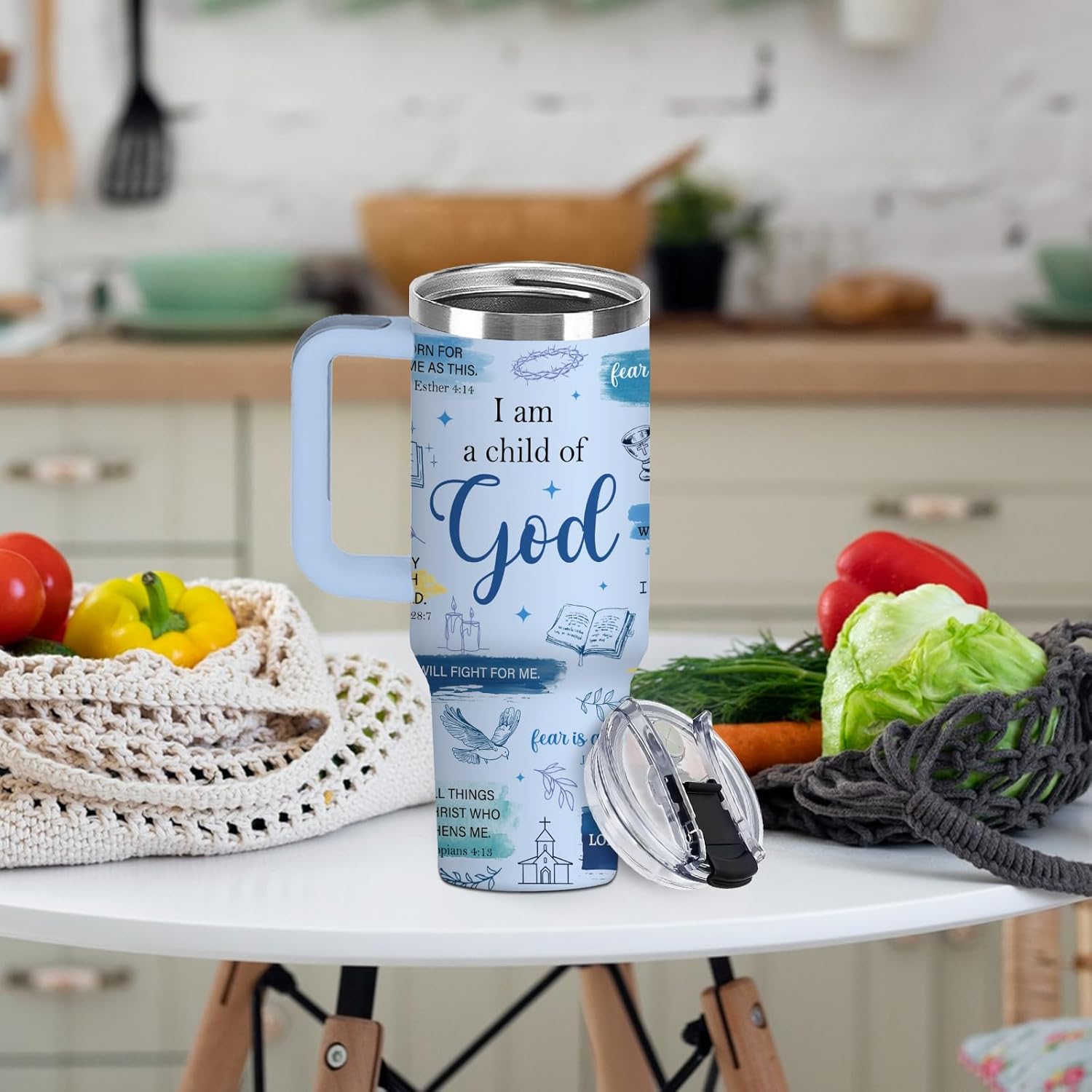 I Am A Child of God Tumbler 40oz with Handle, Light Blue Insulated Christian Travel Mug - Peaceful Baptism Gifts for Women & Girls - Image 9
