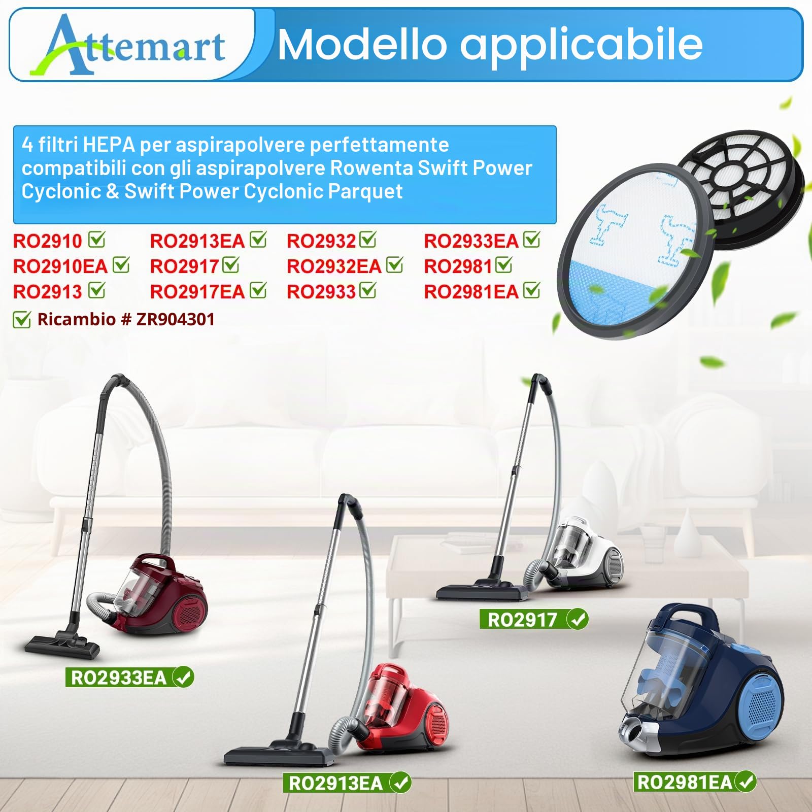 RO2917 Filtri di Ricambio per Rowenta Swift Power Cyclonic RO2910EA RO2917EA RO2913EA RO2933EA aspirapolvere accessori per Rowenta Swift Power Cyclonic Parkett RO2932EA,Alternativa a ZR904301