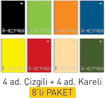 A4 Spiral School Notebook Set of 8’ – 4 Striped + 4 Squared – 72 Leaves (144 Pages)
