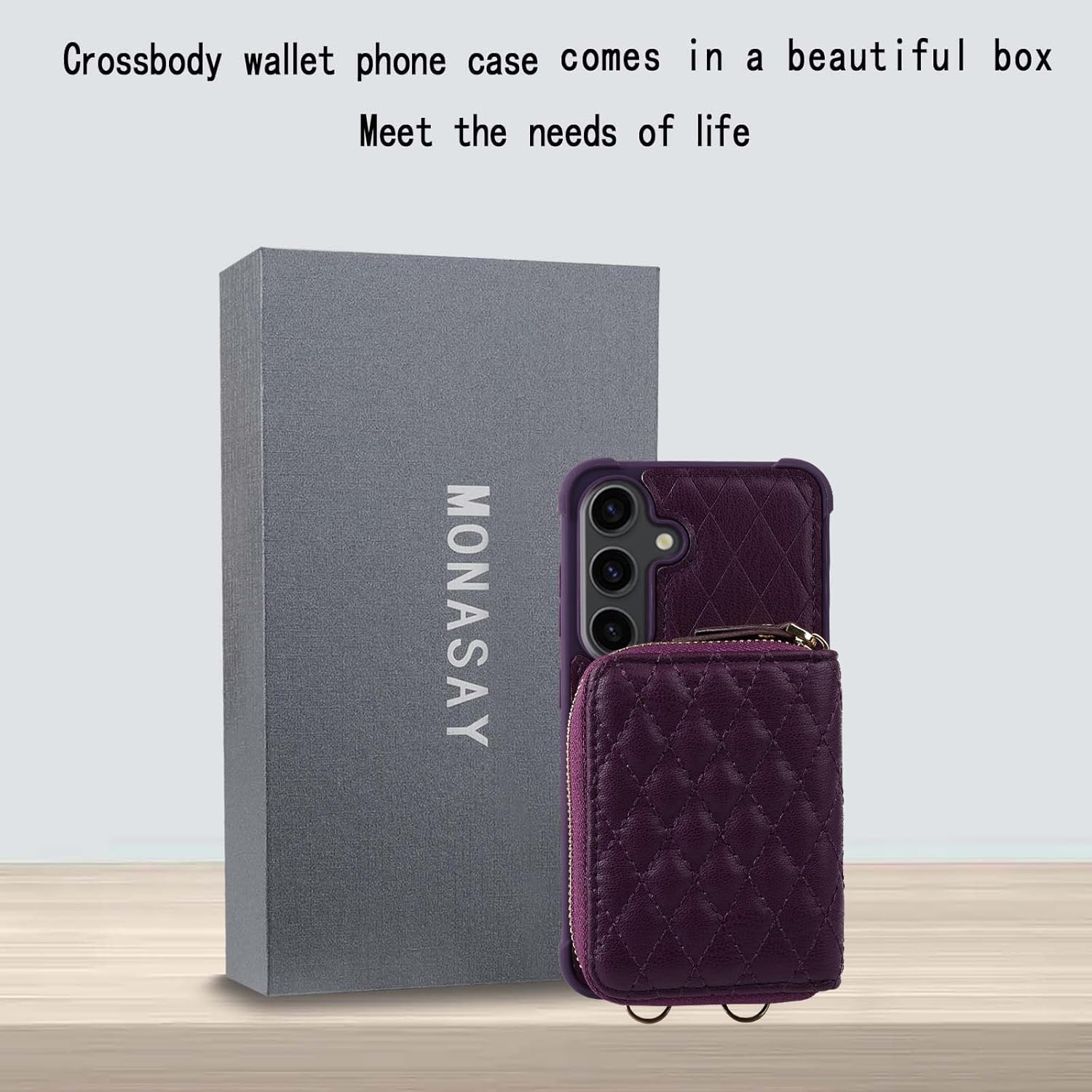 MONASAY Crossbody Wallet Case Compatible for Samsung Galaxy S24+ Plus 6.7 inch[Glass Lens and Screen Protector] Zipper Leather Phone Cover with Card Holder and Handbag Shoulder Lanyard Strap, Purple