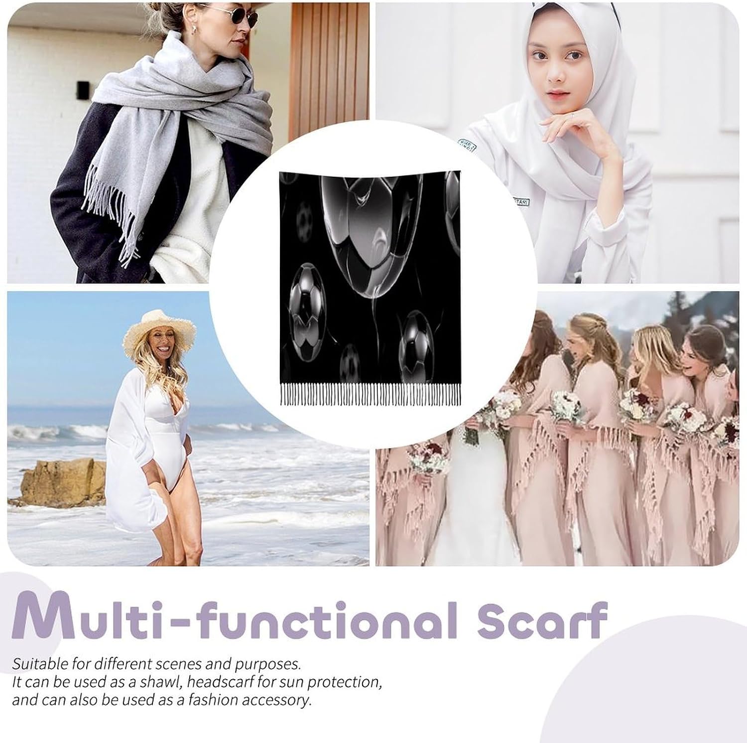 Soccer Black Scarf for Women Men Soft Warm Fashion Blanket Scarves Classic Cashmere Feel Scarf Long Shawl Large Scarves Cold Weather Thick Blanket Scarfs