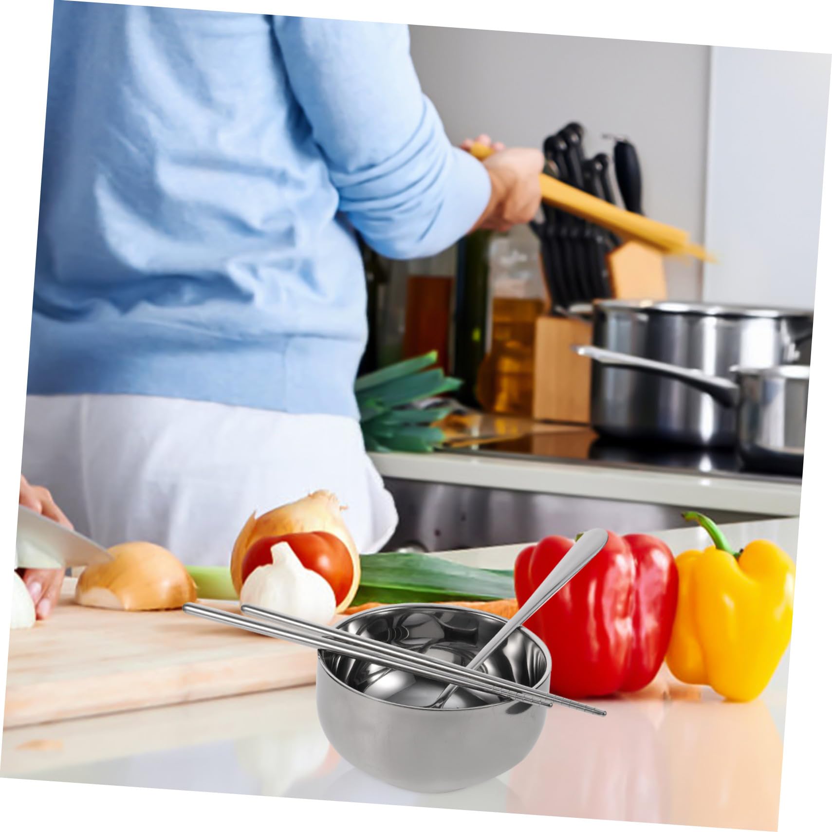 Edelstahl Besteck Set Teilig Retro Design mit Schüssel Esslöffel und Essstäbchen Langlebig Wiederverwendbar Tragbar für Reisen Camping Büro und Schule Bpa Frei Vielseitig für