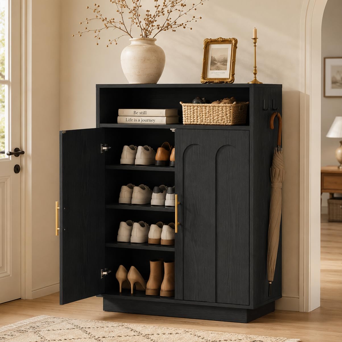 Shoe Cabinet with Arched Doors, 43" Hidden Shoe Storage, Black