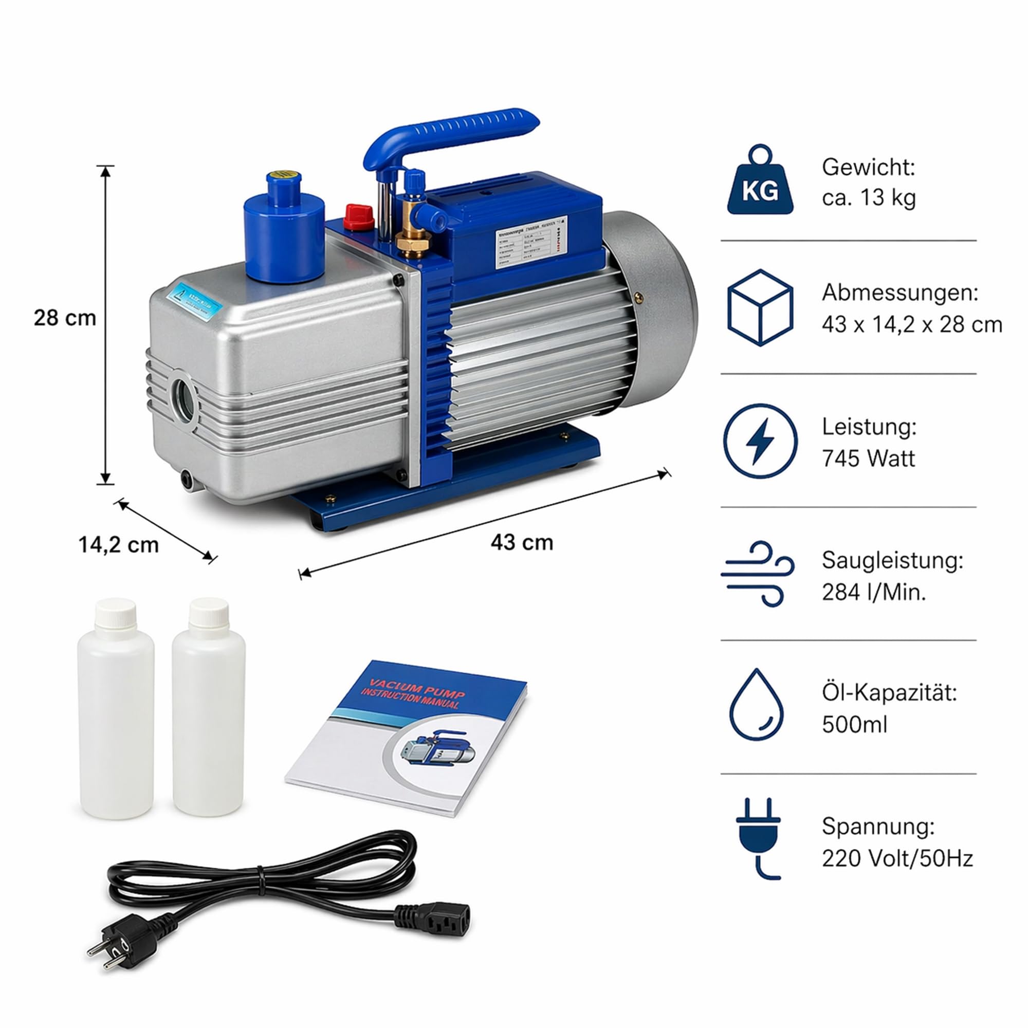 Mucola Vakuumpumpe 2-stufig 284 l/min 10 CFM 0,3 Pa Silber/Blau | Unterdruckpumpe Klimapumpe Aluminiumgehäuse Öl-Schauglas Rückschlagventil | HVAC Pumpe Klimaanlage Kältetechnik Entgasung 230V