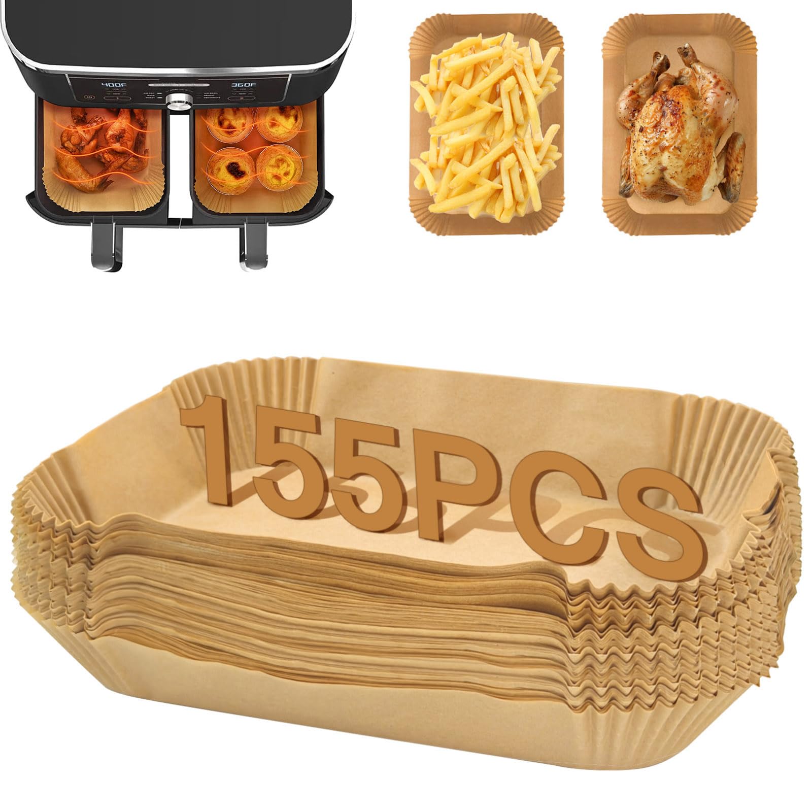 155PC Air Fryer Liners Disposable, Air Fryer Paper Liners for Ninja Air Fryer Dual, Airfryer Food Grade Accessories Compatible with AF300UK AF400UK, Salter, Keplin, Other Dual Airfryer — image 1