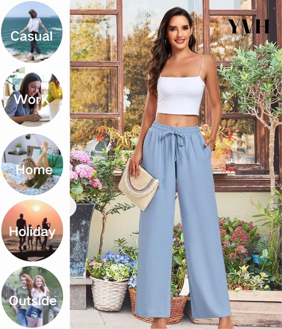 Women's Casual Pants Loose Fit Palazzo Pant Elastic Waist Drawstring Tie Knot Trousers with Pockets - Image 5