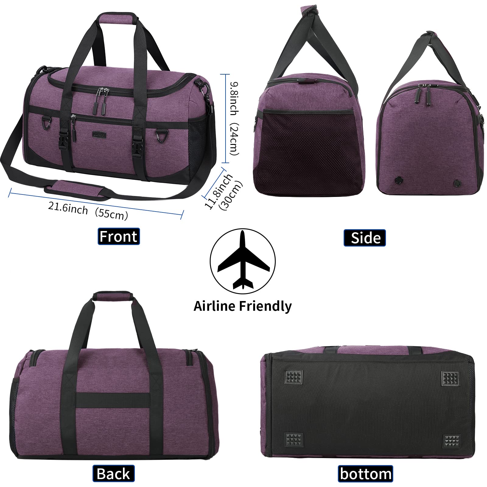 Lubardy Bolsa Deporte 40L Impermeable Viaje con Toalla Microfibra Compartimento Zapatos Violeta
