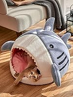 Vista 5 de QWINEE Cama para Gatos en Forma de Tiburón, Cama para Gatitos, Refugio, Casa Cálida, Suave, Cómoda, Semicerrada, Azul, Talla L