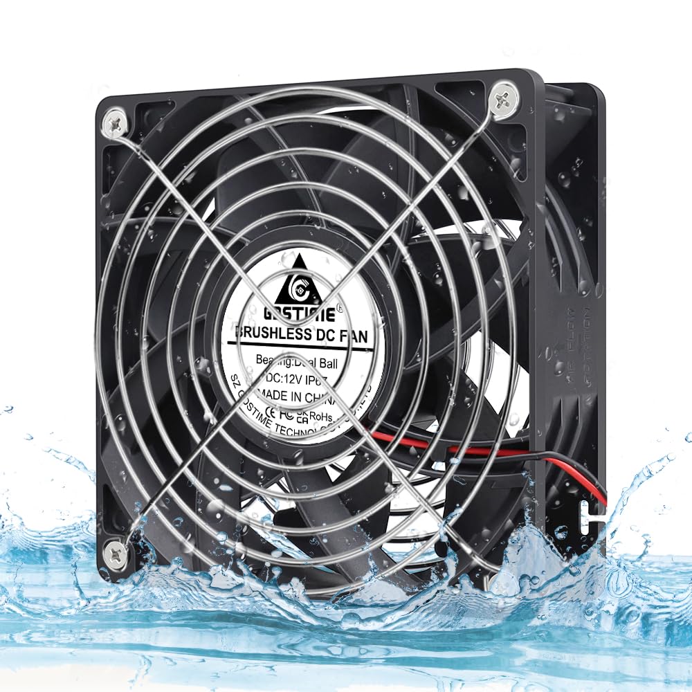 GDSTIME Ventilateur CC 12V 120 mm IP67 120 x 38 mm Ventilateur sans balais Refroidissement à double roulement à billes 3000 tr/min Grand flux d'air Ventilateur de boîtier de 12 cm