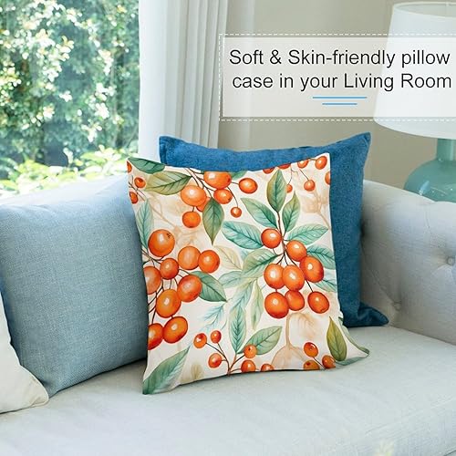 Miniatura 7 de HighonHi Funda de cojín para sofá de 26 x 26 pulgadas, diseño de hojas naranjas y bayas rojas, cojines decorativos para sala para sofá, diseño de