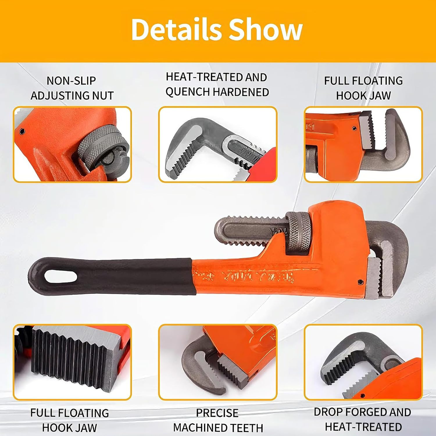 4 Pack Heavy Duty Pipe Wrench Set, 8'' 10'' 12'' and 14'' Adjustable Jaw Plumbing Wrench, Heat-Treated Chromium Vanadium Steel Pipe Tools with Anti-Vibration Grip for Industrial/Domestic Pipe Repair