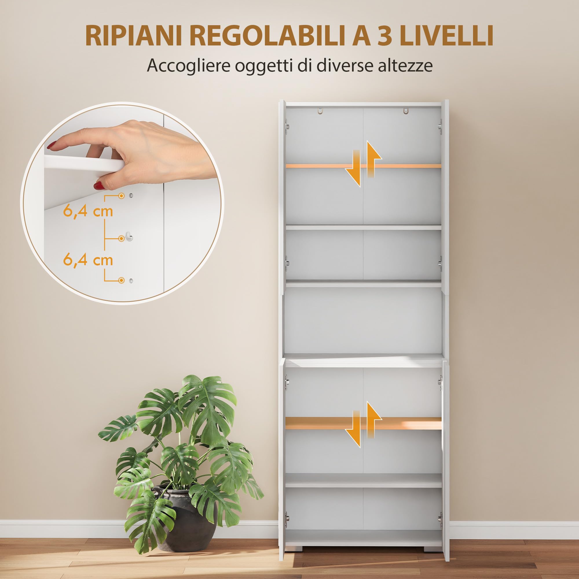 HOMCOM Credenza Cucina Alta 180 cm, Mobile Dispensa con 4 Ante Soft-Close, Ripiani Regolabili, Scomparto Aperto, 2 Armadietti, Mobile Cucina Moderno per Sala da Pranzo Soggiorno, Bianco Lucido