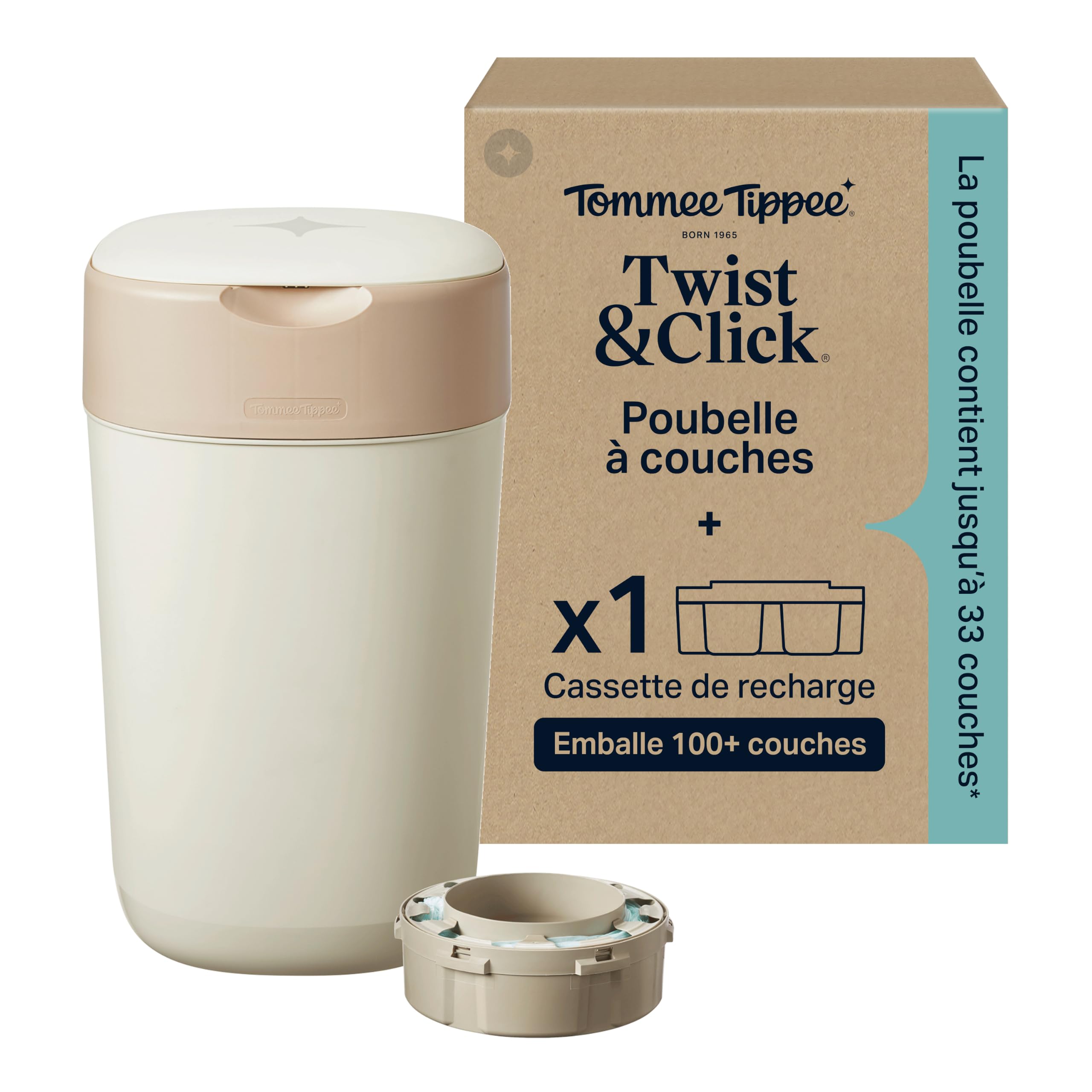 Tommee Tippee Poubelle à Couches Twist & Click, + 1 Recharge 10.5m, Blanc Crème