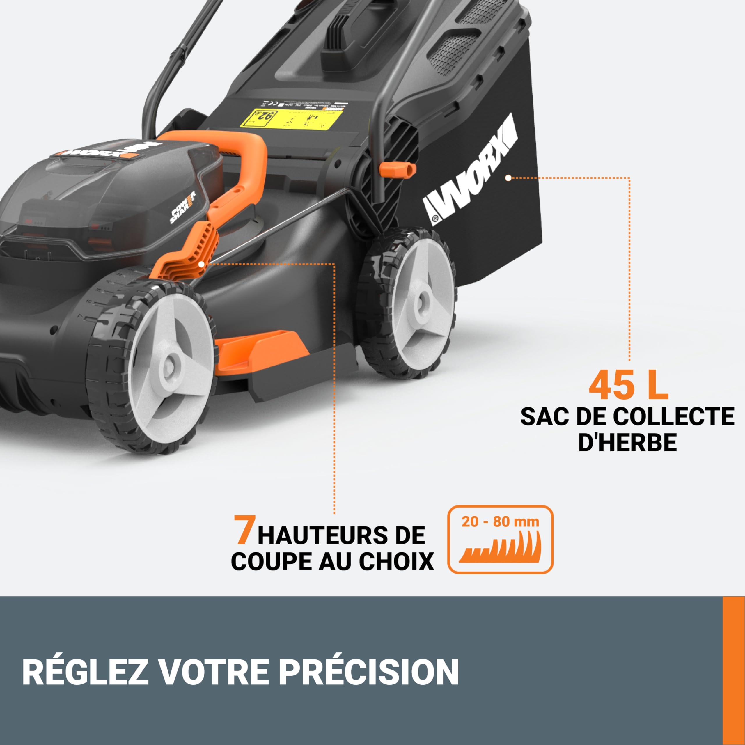 WORX Tondeuse à Gazon sans Fil 40V(2 x 20V) Max WG734E 40cm jusqu'à 500m²