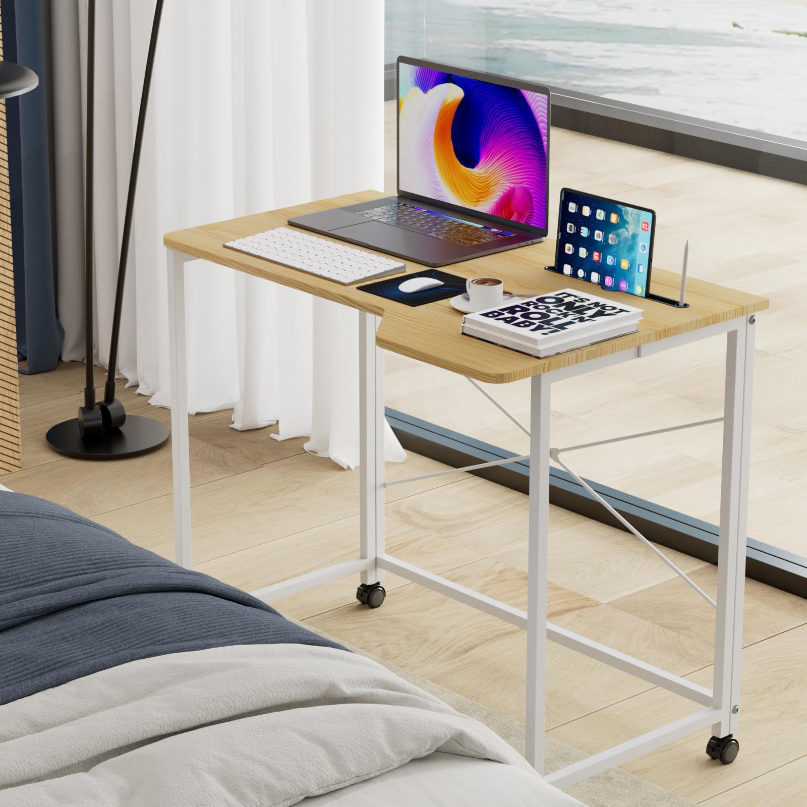 PIPIPOXER Mesa Plegable 90x56x75cm, Mesa Escritorio Escritorio con Ruedas Informático para Estudiantes y Trabajadores, Escritorio de Computadora Plegable Mesas Mesa Oficina para PC Mesa, Madera