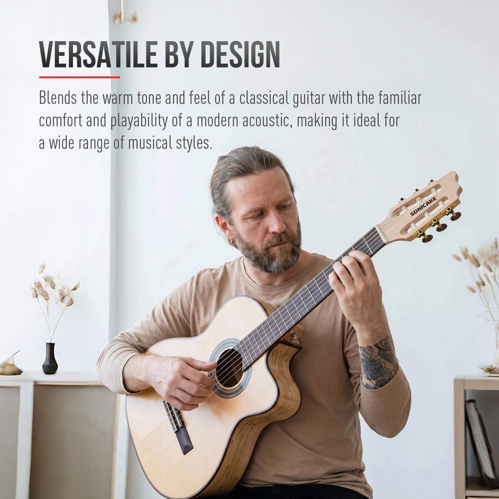 SONICAKE 39" Guitarra Acústica-Eléctrica Crossover | con Afinador, Pastilla y Preamp, Tapa de Picea Maciza, Cuerpo de Arce Vetado, EQ de 3 bandas, Cuerdas de Nylon QGT-30