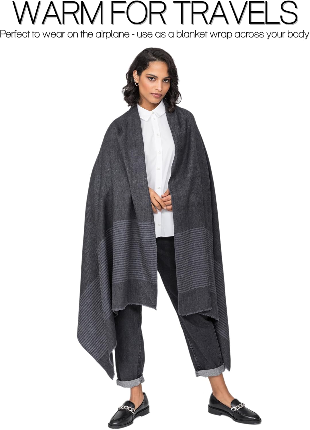 likemary Pashmina Shawls and Wraps for Women - Merino Wool Travel Blanket Scarf - Oversized Striped Shawl - Image 4