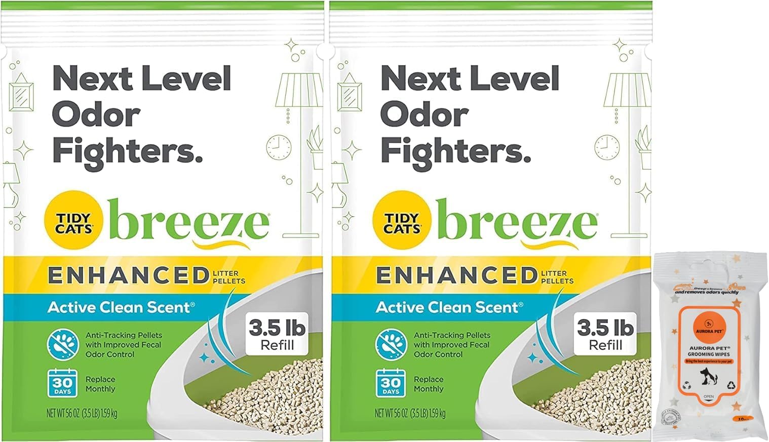 Bundle (2) Tidy Cat Breeze Enhanced Active Clean Scent Cat Litter Pellets, Refill 3.5 lb with Aurora Pet Wet Wipes
