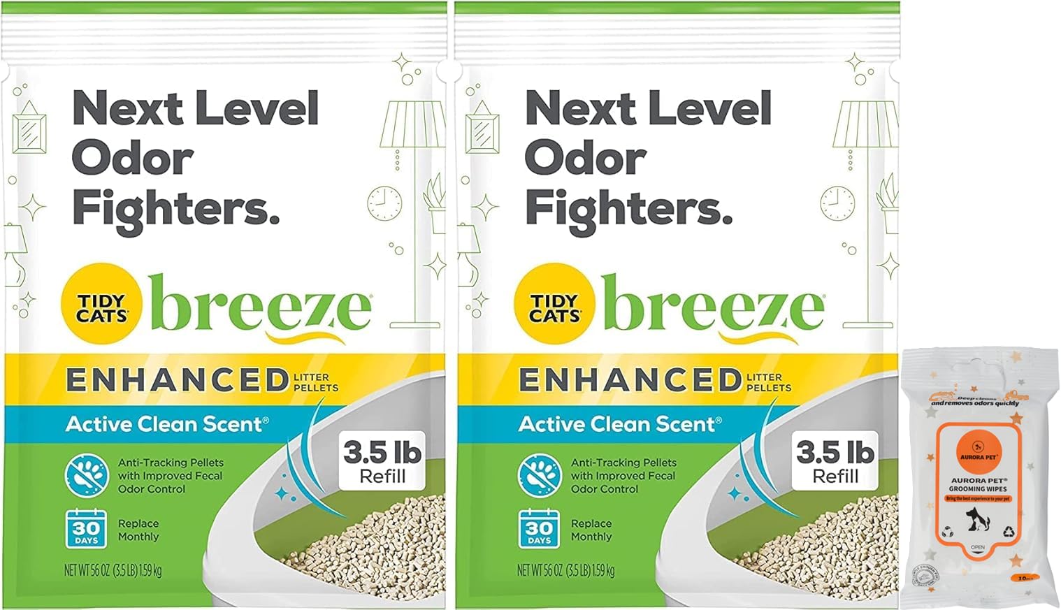 Bundle (2) Tidy Cat Breeze Enhanced Active Clean Scent Cat Litter Pellets, Refill 3.5 lb with Aurora Pet Wet Wipes