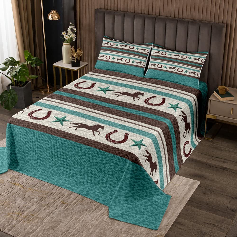 Western Horseshoe Bedspread Kids Retro Cowboy Style Coverlet Set for Women Men Farmhouse Wild West Quilted Coverlet Teal Beige Brown Bedspread Quilted Room Decor Quilt Set Twin Size