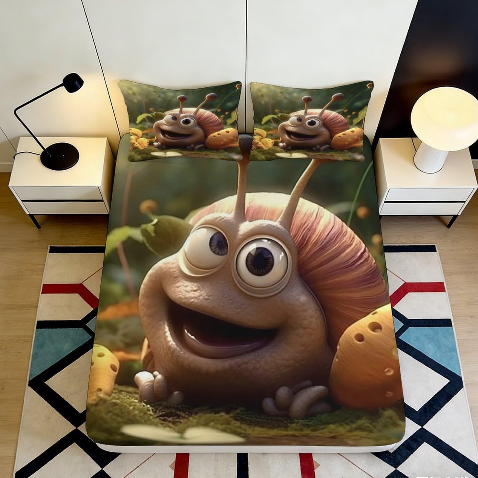 3D Printed Cute Snail Fitted Sheet Microfiber Soft Breathable Mushroom Bed Cover for Bedroom Dorm Decoration 90x200x25cm