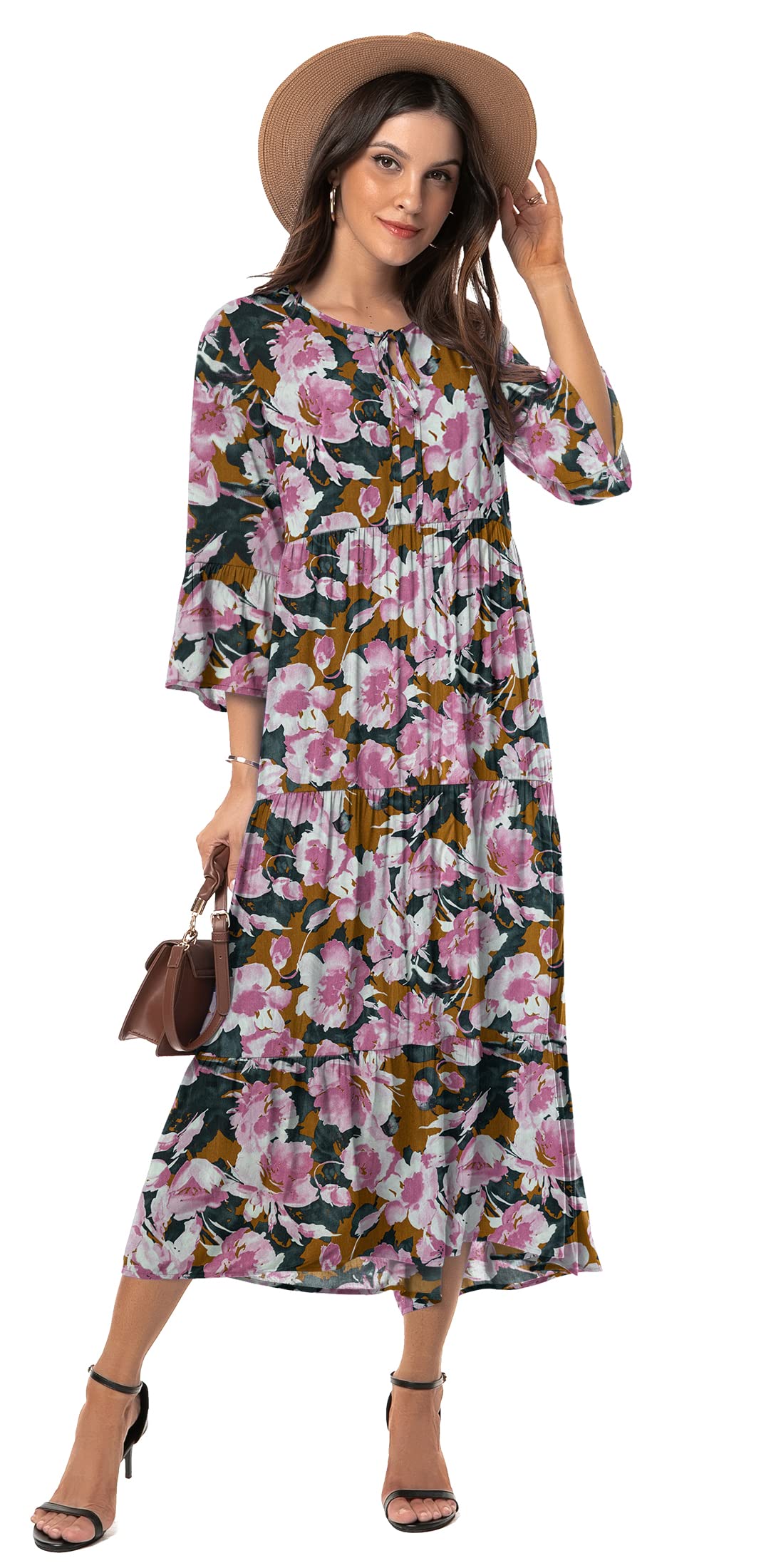 VIISHOW Womens 3/4 Sleeve Casual Bohemian Midi Dress