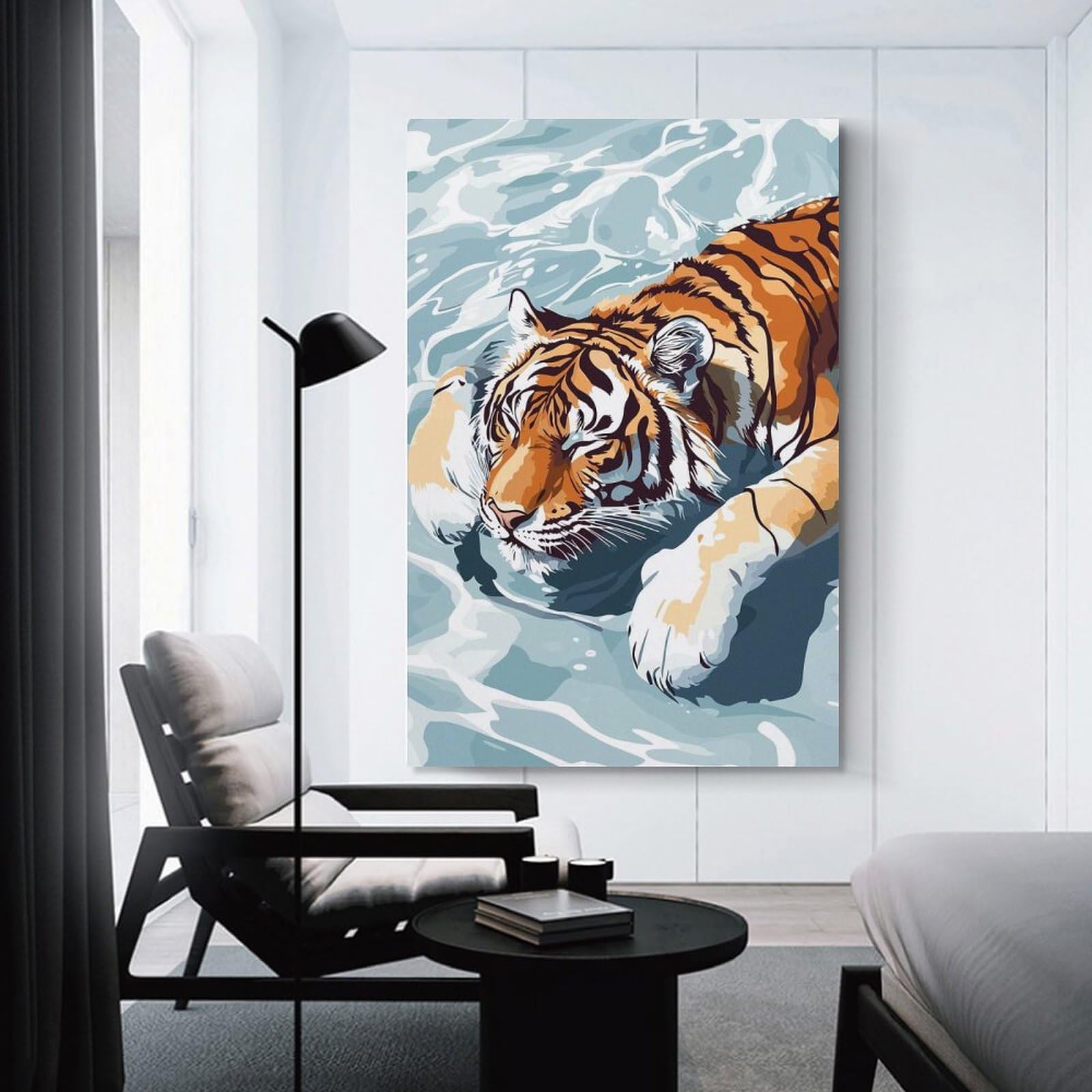 Junmoney Unframe-Style Canvas Wall Picture Tiger Swimming In Water Illustration, 24X36inch(60X90cm), For Restful Interiors, Bedrooms Or Small Rooms, Home Artwork With A Soft Interior Feel