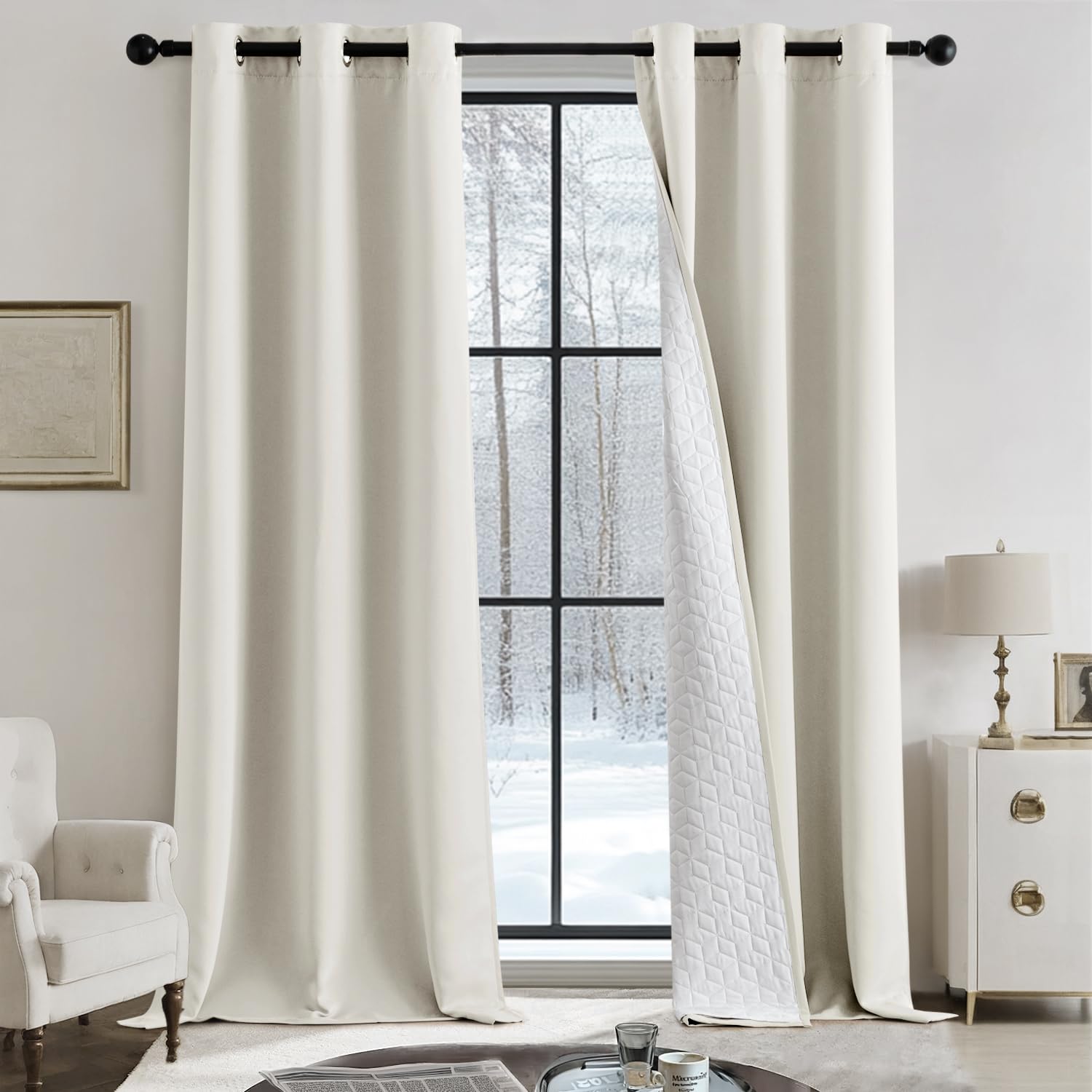 MIULEE Lot de 1 Rideau Thermique Occultant Oeillet 140x225cm Blanc | Rideau thermique occultant doublé épais à oeillets, isolation froide pour salon et chambre