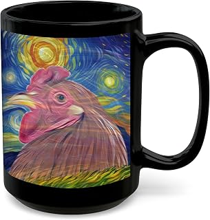 Whimsical Swirl Night Sky Portrait - Buff Brahma Chicken Rooster Coffee Mug 15oz Black Large Ceramic Cup - Impressionist Animal Artwork Print Gifts for Brahma Chicken Lovers