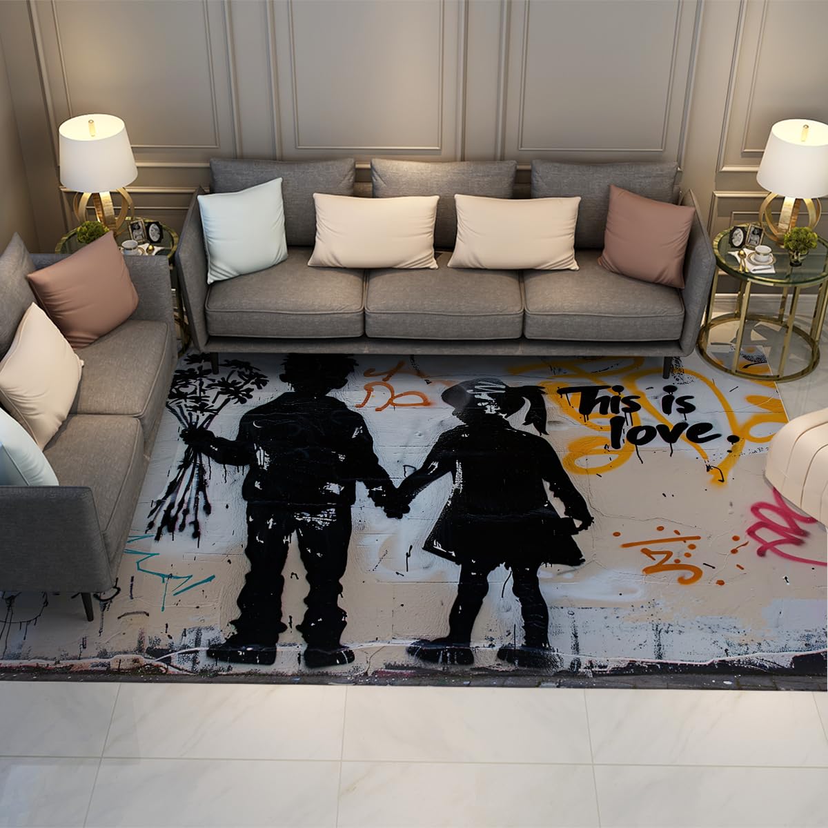 Tapis 80x150cm moderne style graffiti en fausse laine lavable pour salon et chambre