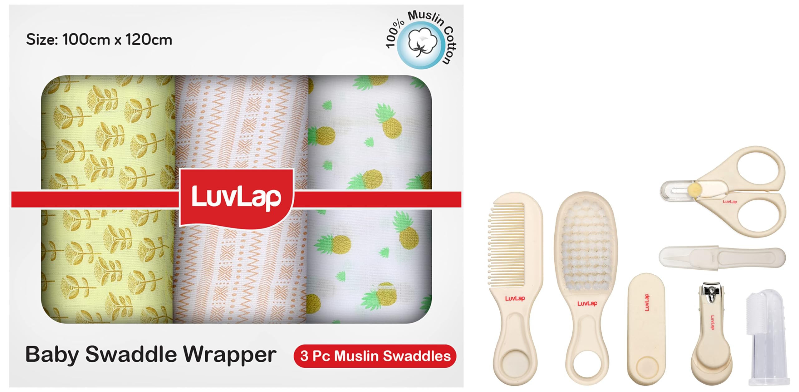 LuvLap 100% Cotton Muslin Baby Swaddles Set, Pineapple Leaves Print, 0-18 Month+, Pack of 3 With 7-in-1 Portable Grooming Kit (White)-image-28
