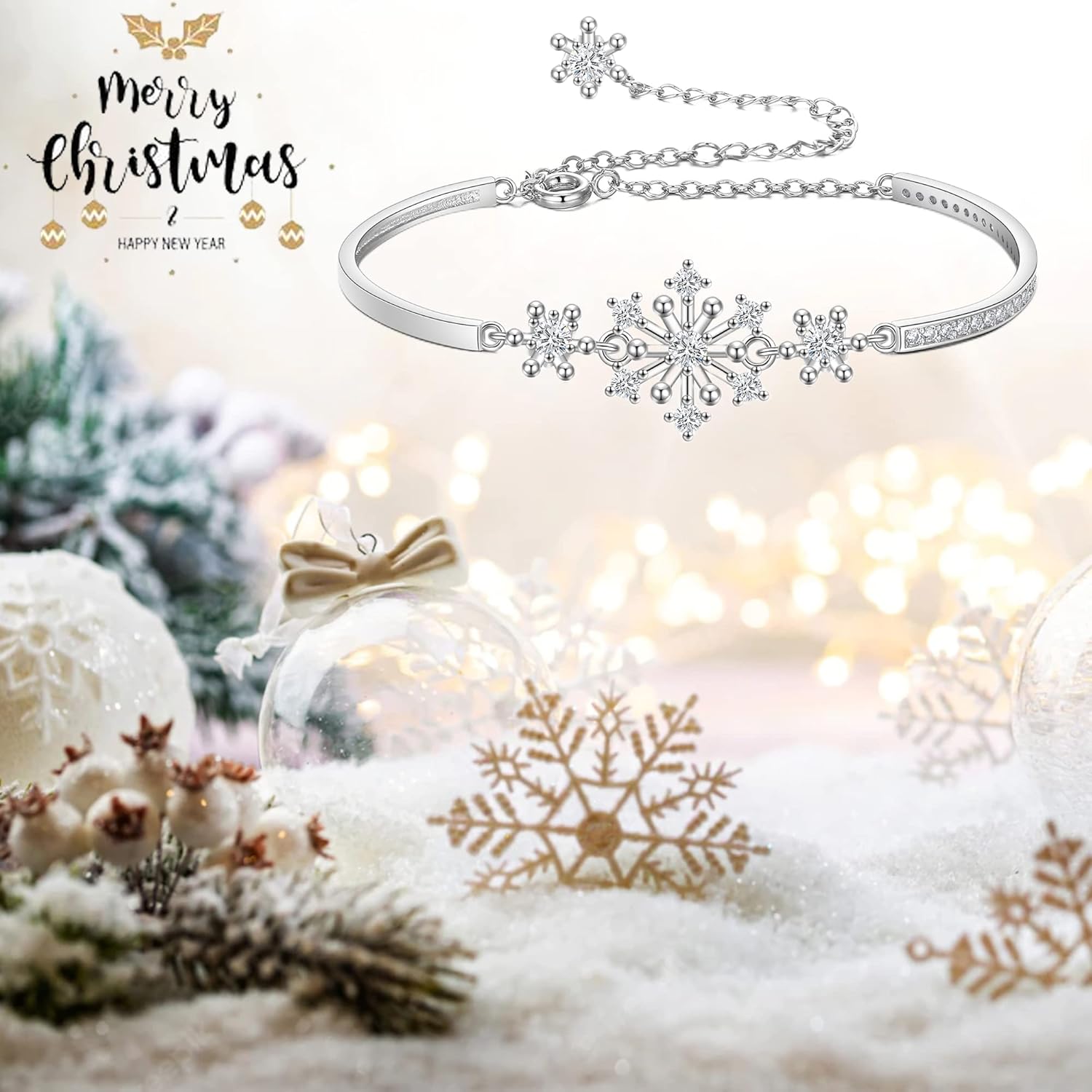 Flyonce Snowflake Bracelets for Women, Sparkle Cubic Zirconia Snow Flake Flower Bangle Link Bracelet Christmas Jewelry Gift - Image 7