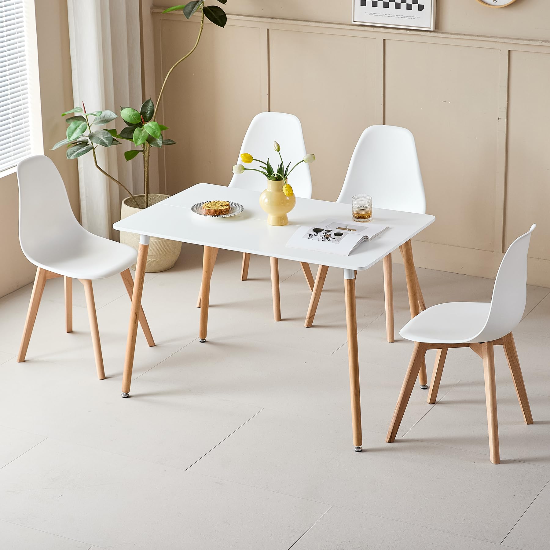 Mesa de Comedor con 4 Sillas - Mesa 110x70x74cm (Tablero de MDF + Patas de Haya) y Sillas de PP con Patas de Haya, Estilo Escandinavo (Blanco-CZ)