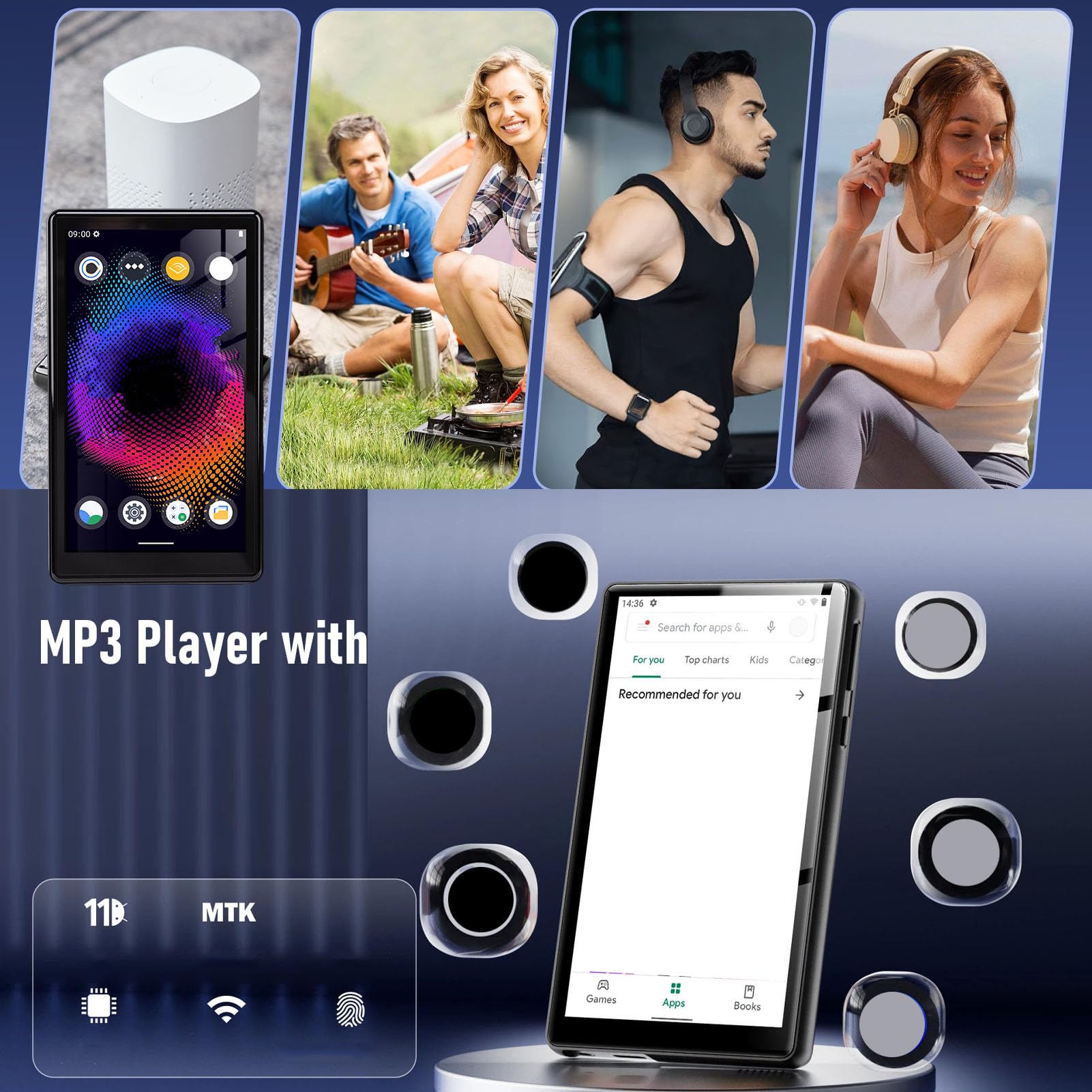 Naroote Reproductor MP3 de 128 GB, Reproductor MP4 MP5 Bluetooth WiFi, Multimedia con Pantalla Táctil de 5,0 Pulgadas con Chip MTK MT6762, Sonido HiFi sin Pérdidas, Auriculares Incluidos, Ideal para