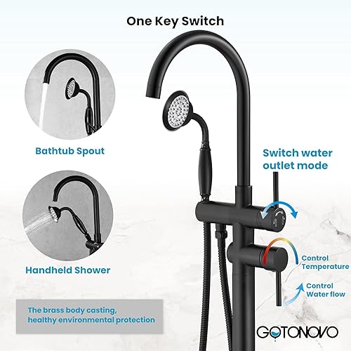 Miniatura 8 de gotonovo Llenador de bañera independiente negro mate con ducha de mano de cerámica para montaje en el suelo, grifo de bañera de latón de alto flujo