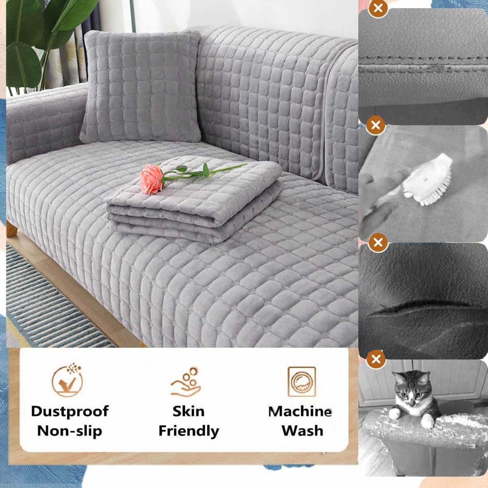 Samt Sofabezug Einzelstück | Milchweiß | Antirutsch | Für 1-4 Sitzer & Ecksofas | Maße 90x120 Cm