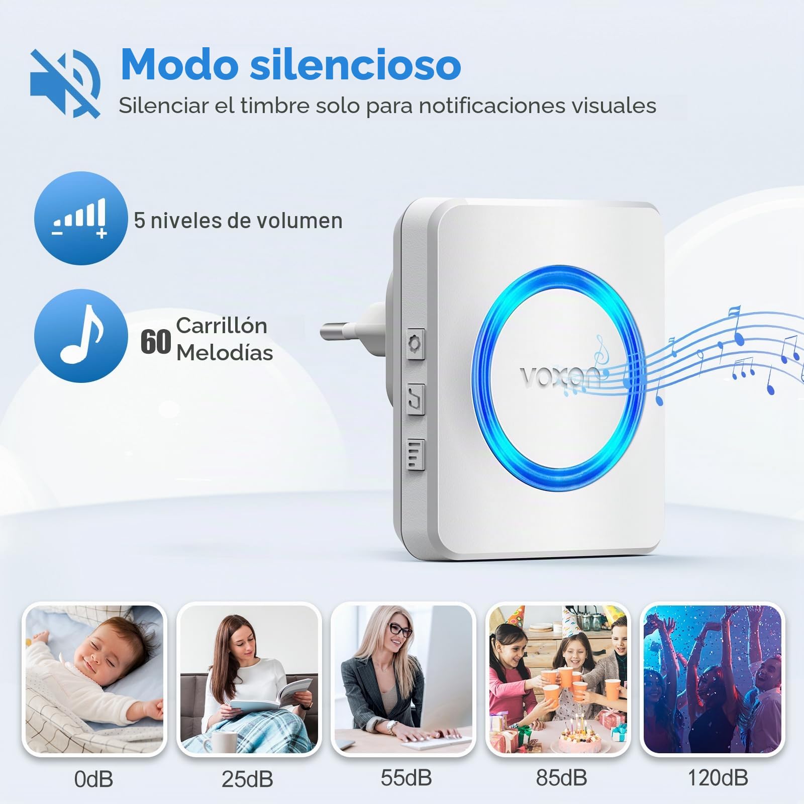 VOXON Timbre Inalámbrico, Alcance de 400m, Conjunto de Timbre con 2 Receptores, Resistente al Agua IP65 para Exteriores, Timbre de Puerta con Luz LED, 5 Niveles de Volumen, 60 Melodías