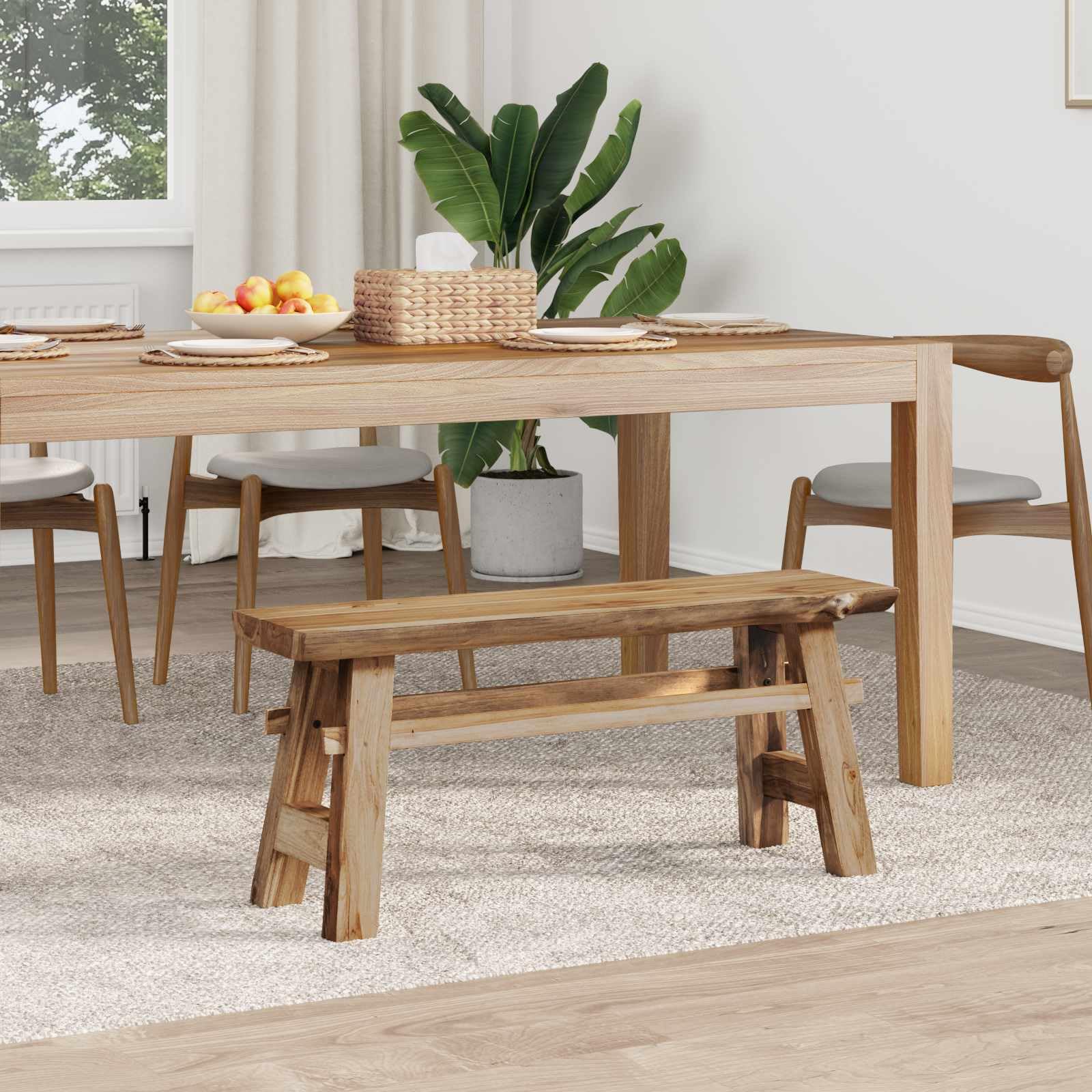 Ławka z naturalnego drewna tekowego, 100 x 29 x 43,5 cm, stabilna ławka do siedzenia na balkon, do ogrodu, na taras, z naturalnym rysunkiem słojów i wytrzymałą ramą, wszechstronne