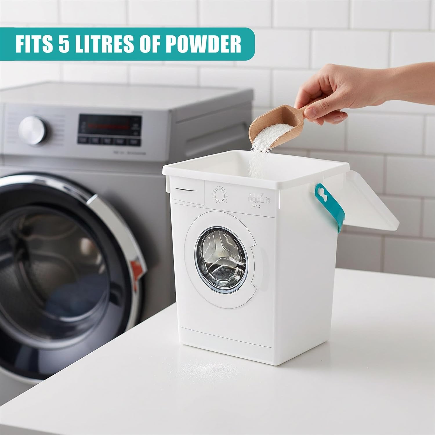 Washing Powder Storage Container with Lid & Handle 5L - Washing Machine Shaped Laundry Detergent Box for Powder, Pods or Dishwasher Tablets - Utility Room Storage Solutions & Organiser