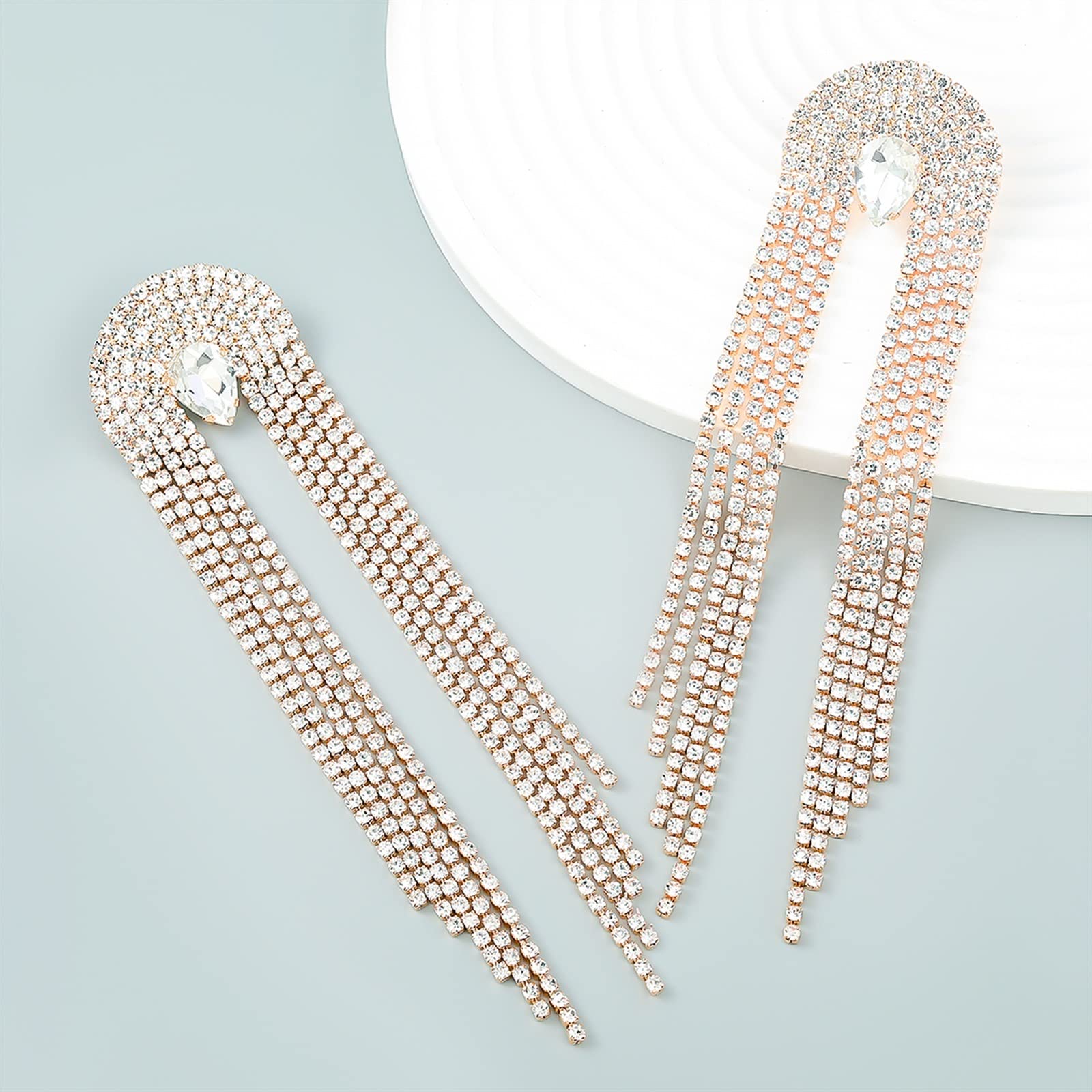 HJMMHX Damen-Ohrringe, Funkelnde Strass-Kette, Lange Quasten-Ohrringe, Damen-Ohrringe, Abendessen, Hochzeit, Accessoires, modischer Luxus-Schmuck