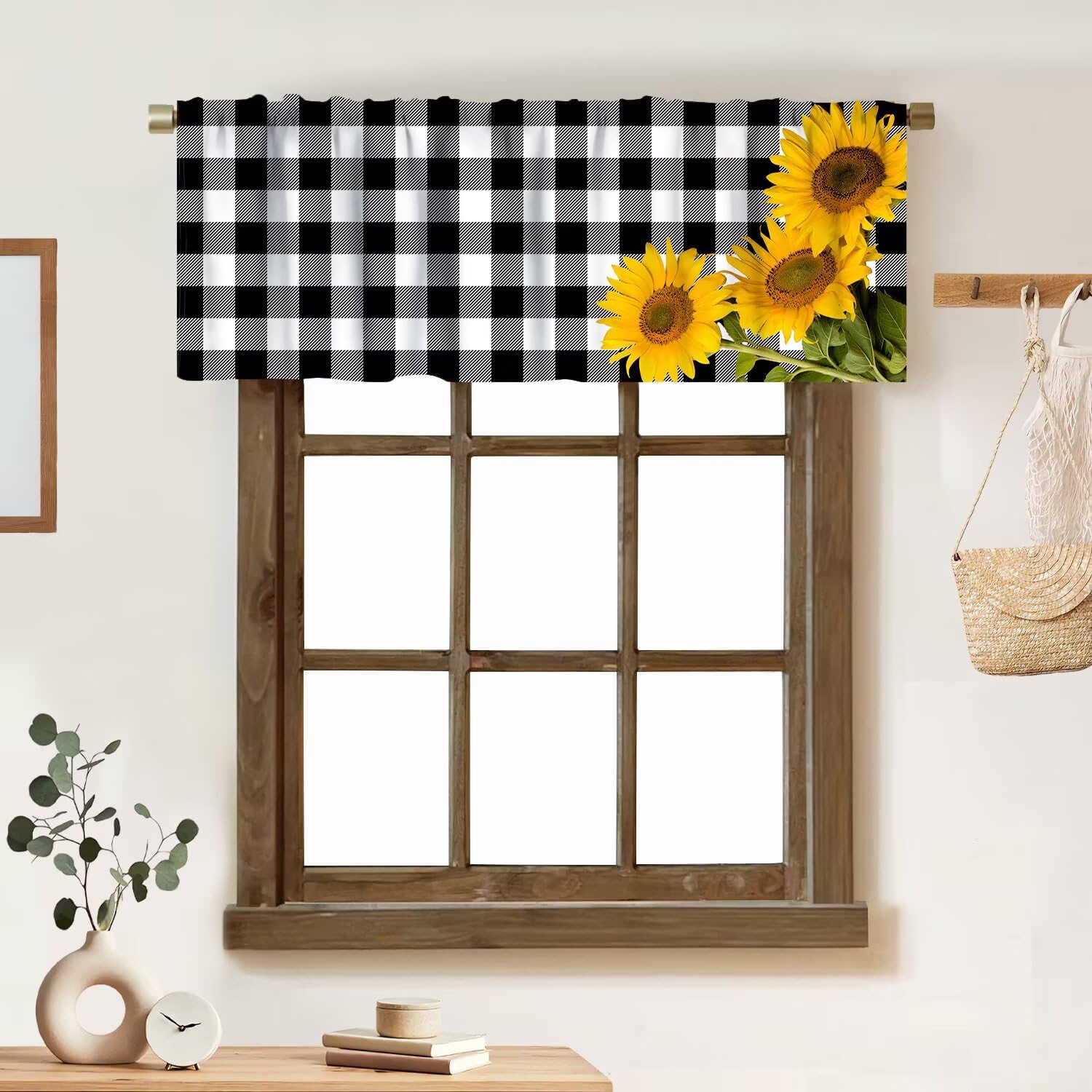 ZhiRain Sunflower Valance Curtain Sunflower on Farm Buffalo Check Plaid Black and White Rod Pocket Valance Window Treatments 1 Panel Short Curtains