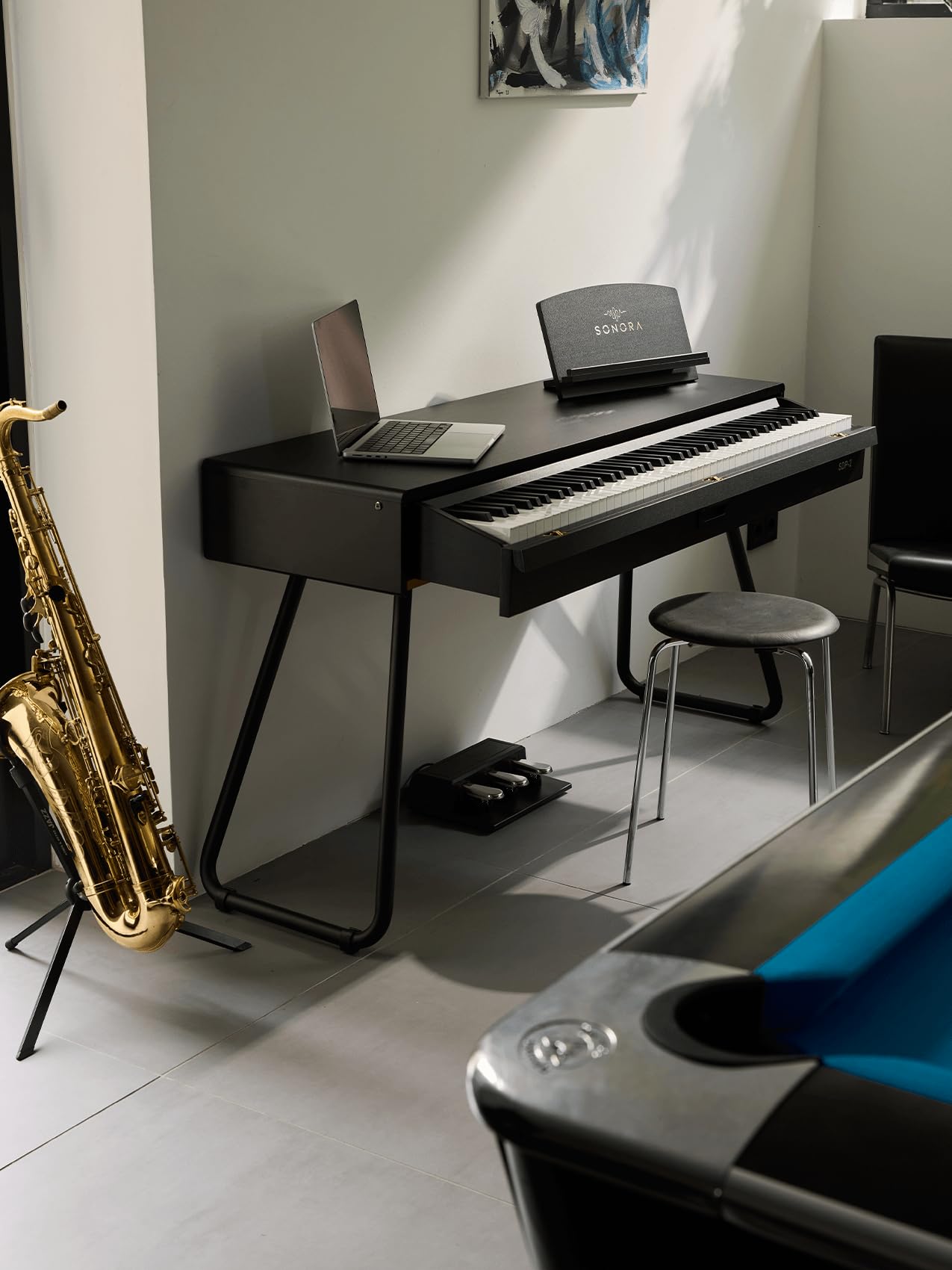 Sonora SDP-2 pianino elektryczne, 88 ważonych przycisków, pianino domowe ze stojakiem, potrójnym pedałem, stojakiem na nuty, USB MIDI i wejściem na słuchawki, fortepian na biurko, bez ławki, czarny