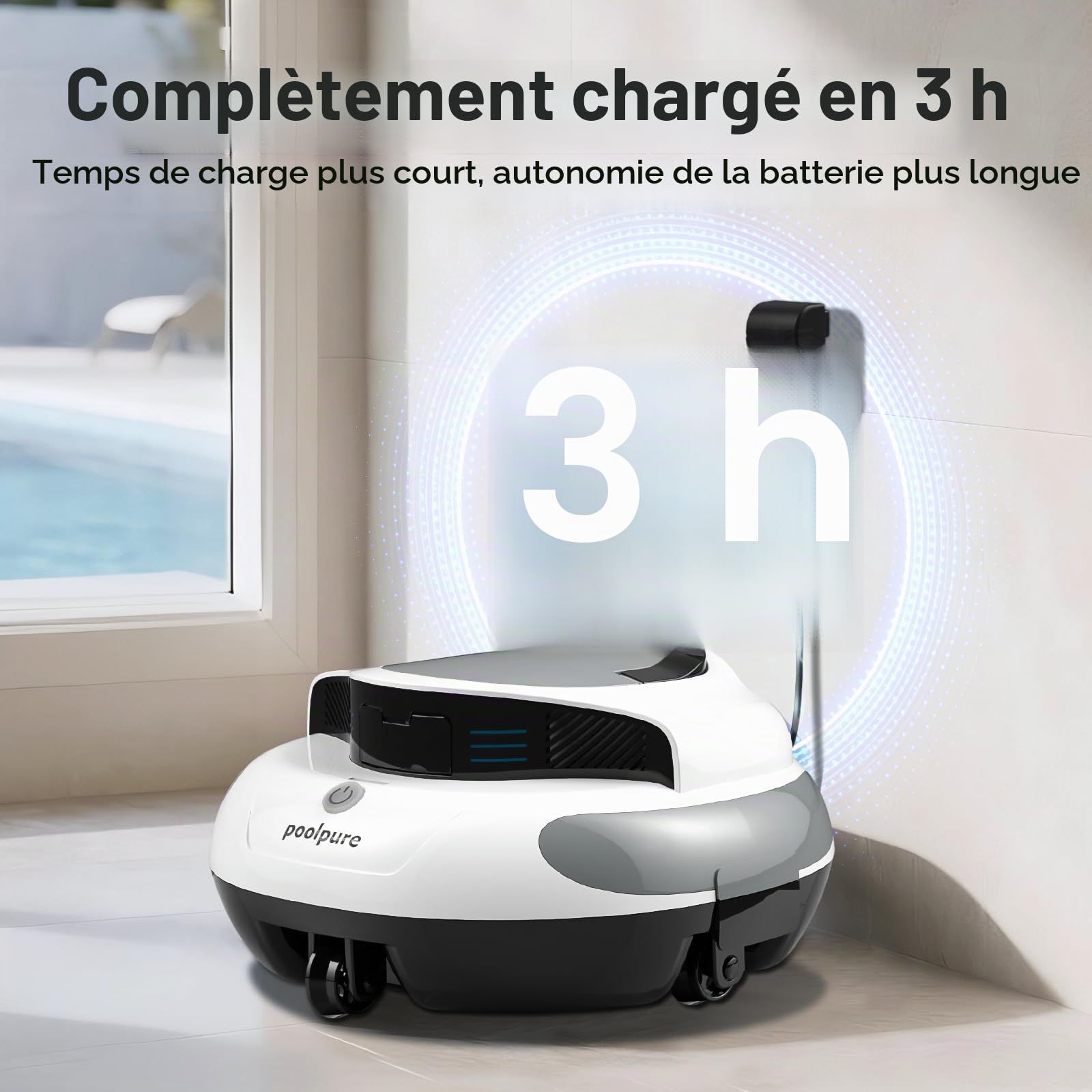 POOLPURE 2026 Robot Piscine sans Fil Aspirateur de Piscine Automatique avec Capteurs Hall, Autonomie 100 Min, 5000mAh, pour Piscine Hors Sol et Enterrée jusqu'à 90m², Système de Roues Innovant